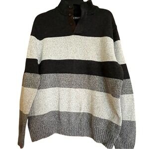 Chaps Mens Gray Striped Cotton Quarter Button Mock Neck Sweater Large L
